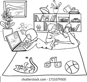 Busy mother working from home with kids and cat. Stay-at-Home Mom. Work with children in quarantine. Quarantine positive doodle icons, home elements. Isolated,white background. Design card.Vector.