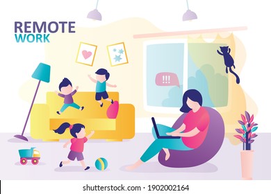 Busy Mother Working At Laptop. Children Have Fun And Play, While Mom Hard Works. Work Life Balance Concept. Female Character Works Remotely. Parent And Kids In Messy Living Room. Vector Illustration