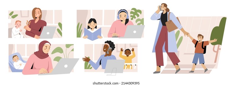 Busy mothers freelancers and businesswomen with children. Working remotely at home office, using laptop, talking on the phone, home schooling, career and motherhood concept, vector illustration set