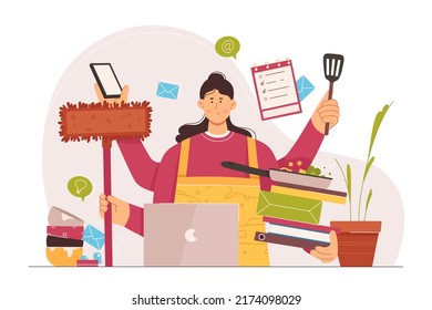 Praktische Multitasking-Frau mit vielen Händen, die mit Laptop- und Küchenwerkzeugen arbeiten. Cartoon überarbeitete Hausfrau kochen Essen, halten Bratpfanne, Bücher, Mop-flache Vektorgrafik. Zeitmanagement-Konzept