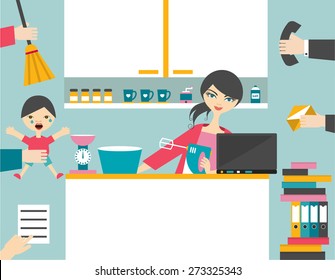 Busy multitask woman, mother managing her work with smile.