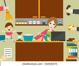 Busy multitask woman, mother managing her work with smile.