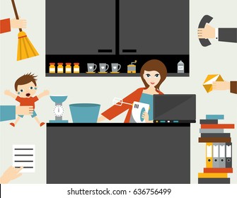 Busy multitask woman, mother managing her work with smile.