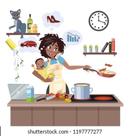 Busy multitasking african american mother with baby failed at doing many thing at once. Tired woman in stress with messy around. Housewife lifestyle. Isolated flat vector illustration