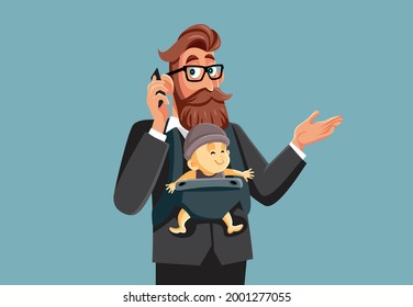 Busy Multitasking Father and Businessman Holding His Baby. Busy loving dad handling career and parenting at the same time
