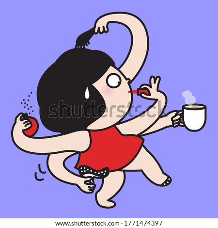 A Busy Multi-Tasking Girl With Multi Hands Concept Card Character illustration