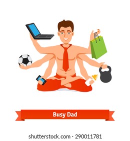 Busy multitasking man and father concept - working and taking care of baby. Flat style vector illustration.