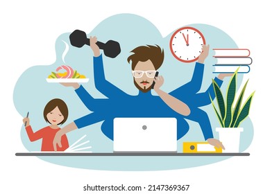 Busy multitasking man, father, dad, daddy, husband, businessman, worker. Young man with daughter, working, calling and doing exercise at the gym. Flat vector.