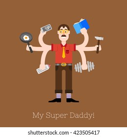 Busy multitasking man, father, dad, daddy, romantic husband, businessman, worker. Working, calling and doing exercise at the gym flat vector