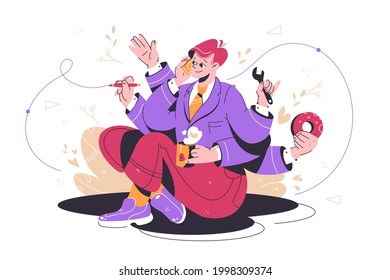 Busy multitasking man at work vector illustration. Effective businessman talk on phone, write, repair at same time flat style. Time management, multitasking skill concept. Isolated on white background