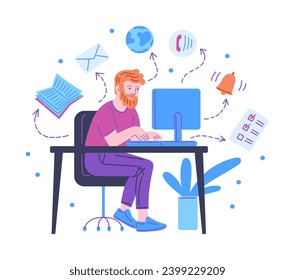 Busy multitasking man working at the desk, cartoon vector on white background. Productivity design concept. Young man, male freelancer working at home, various objects around. Life and career balance