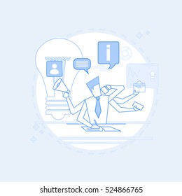 Busy Multitasking Manager Business Man With Many Hands Thin Line Vector Illustration