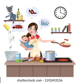 Busy Multitasking Mother With Baby Failed At Doing Many Thing At Once. Tired Woman In Stress With Messy Around. Housewife Lifestyle. Isolated Flat Vector Illustration