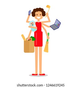 Busy multitasking mother with baby failed at doing many thing at once. Super mom, business woman, flat vector illustration in eps 10