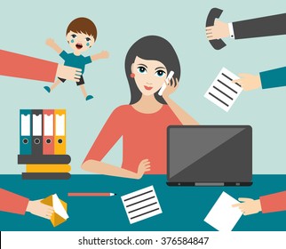 Busy Multitasking Woman Clerk In Office. Flat Vector.