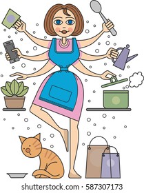 Busy multitasking woman. Doing all house work and talking on the phone. Line art stile.