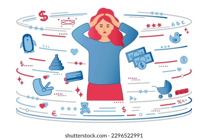 Busy multitasking woman and mom concept. Doing all house work and taking care of baby. Flat style vector illustration.