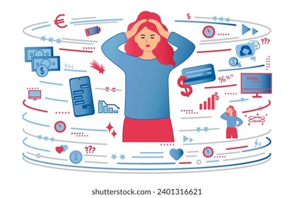 Busy multitasking woman and mom concept. Doing all house work and taking care of baby. Flat style vector illustration.