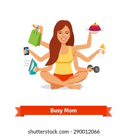 Busy Multitasking Woman And Mom Concept. Doing All House Work And Taking Care Of Baby. Flat Style Vector Illustration.