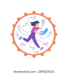 Busy multitasking woman, productivity design concept, cartoon vector on white background. Young female worker very busy, working on laptop, runs in a wheel. Life and career balance