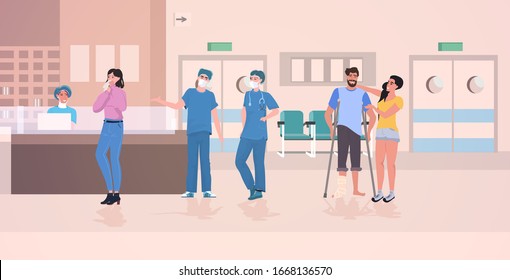 Busy Nurses Station Doctors And Patients At Hospital Reception Modern Clinic Hall Interior Consultation Medical Diagnosis Healthcare Concept Horizontal Full Length Vector Illustration