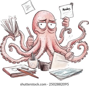 busy octopus cartoon watercolor illustration