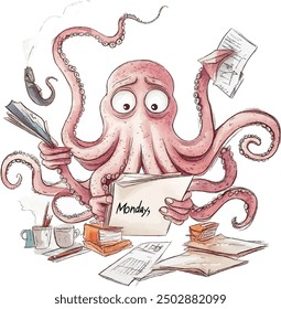 busy octopus cartoon watercolor illustration