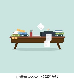 Busy office desk. Table, printer, papers, files, folder, notes and more. Flat Design Vector Illustration