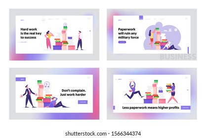 Busy Office People Company Employees Overload at Work Website Landing Page Set. Business People Working with Heap of Paper Documents. Managers on Job Web Page Banner. Cartoon Flat Vector Illustration