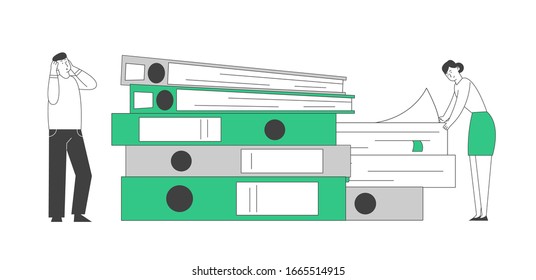 Busy Office People. Company Employees Paperwork Deadline, Stress Concept. Businesspeople Looking on Huge Pile of Documentation and Folders. Cartoon Flat Vector Illustration, Linear