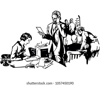 Busy Office Scene - Retro Clip Art Illustration