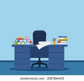 Busy office table. Office interior with books, folders, papers on table. Flat style vector illustration. Eps 10