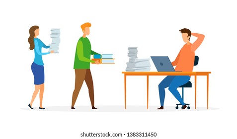 Busy Office Worker Cartoon Vector Illustration. Legal Document, Papers Stack on Table. Tired, Stressed Employee at Workplace Flat Character. Office Manager Working on Laptop, Brainstorming