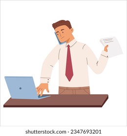 Trabajador de oficina ocupado con documentos, laptop y teléfono. Carga de trabajo en el trabajo, multitarea.