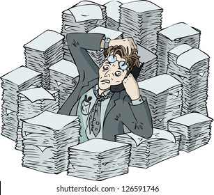 Busy office worker during backlog in the center of paper pile