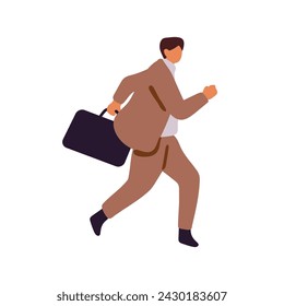 Busy office worker hurries to work. Businessman with briefcase lates. Employee in suit running. Bad time management, delayed deadline concept. Flat isolated vector illustration on white background