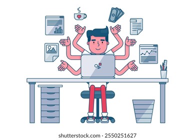 Busy office worker performs several tasks at same time. Workplace of office employee at table. Simple cartoon vector concept illustration isolated on white background