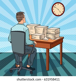 Busy Office Worker with Piles of Papers. Overtime at Work. Pop Art vector illustration
