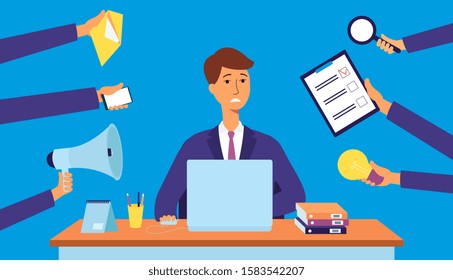 Busy office worker under stress from multitasking, young business man cartoon character with laptop overwhelmed with schedule tasks from many arms, isolated flat vector illustration