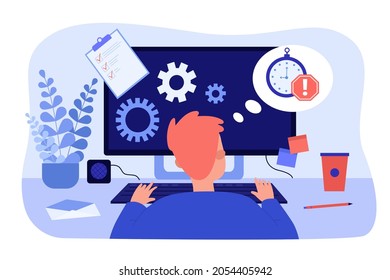 Busy office worker working at computer desk online. Work deadline for male employee flat vector illustration. Time management, productivity concept for banner, website design or landing web page