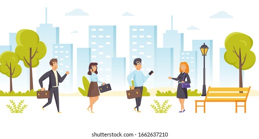 Busy office workers, managers or clerks with briefcases walking along street. Businessmen and businesswomen hurry to work. Business people meet each other in park. Flat cartoon vector illustration.