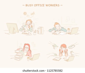 Busy office workers set in hand drawn line style