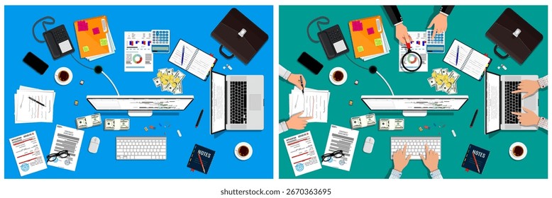 Busy office workspace top view illustration with various business items, computer, money, and hands working for financial analysis