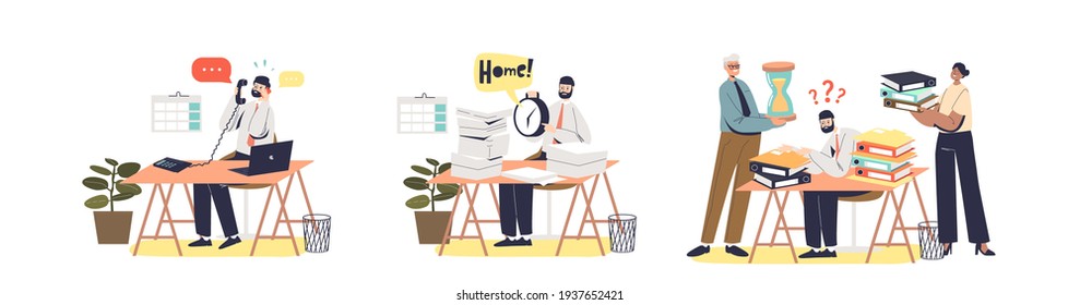 Busy and overworked business people and office workers at workplace set. Workloa managers sitting at office desks with paperwork or deadlines. Cartoon flat vector illustration