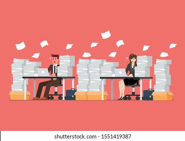 Busy overworked man and woman sitting at table with laptop and pile of papers in office. Vector illustration