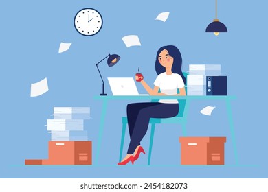 Busy, overworked woman sits at her desk in the office, holding a cup of coffee, surrounded by a laptop, and a towering pile of papers flat style design