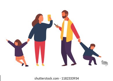 Busy parents with mobile smartphones. Family with kids. Children demanding attention from adults. People vector illustration