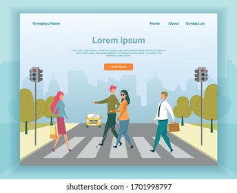 Busy Pedestrian Crossing. Young Man, Passerby, Helping Visually Impaired Woman with Long Cane to Cross Street, Following Him Half-Step Behind to Anticipate Curb. Landing Page with Copy Space.