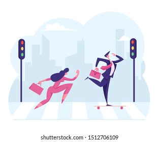 Busy Pedestrians Crossing Over Zebra on Sunny Day in City. Businessman Wearing Formal Suit Riding Skateboard Drinking Coffee by Way Businesswoman with Bag Running Fast. Flat Vector Illustration