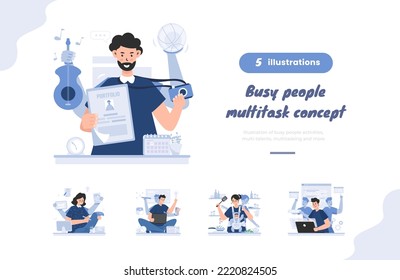 Actividades de personas ocupadas con paquete de ilustraciones de concepto multitarea